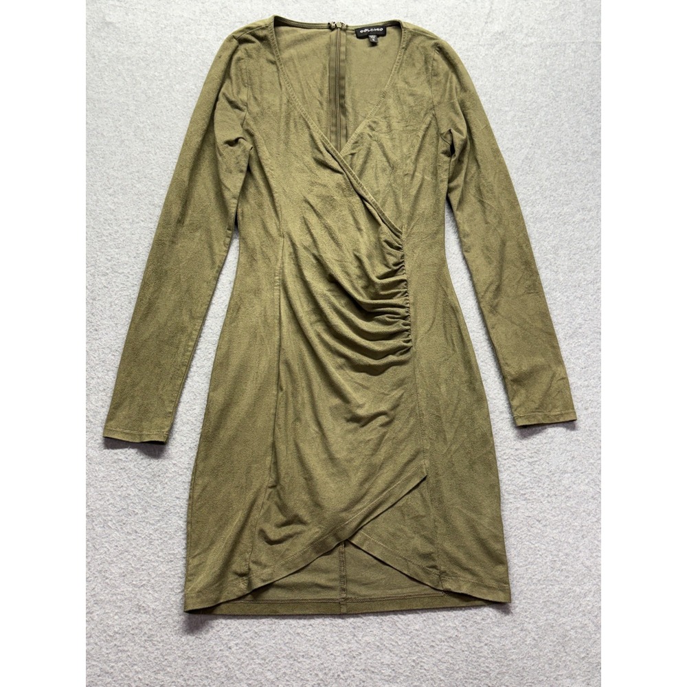 Solemio Olive Green Faux Suede‎ Wrap V-Neck Ruched Bodycon Mini Dress Small